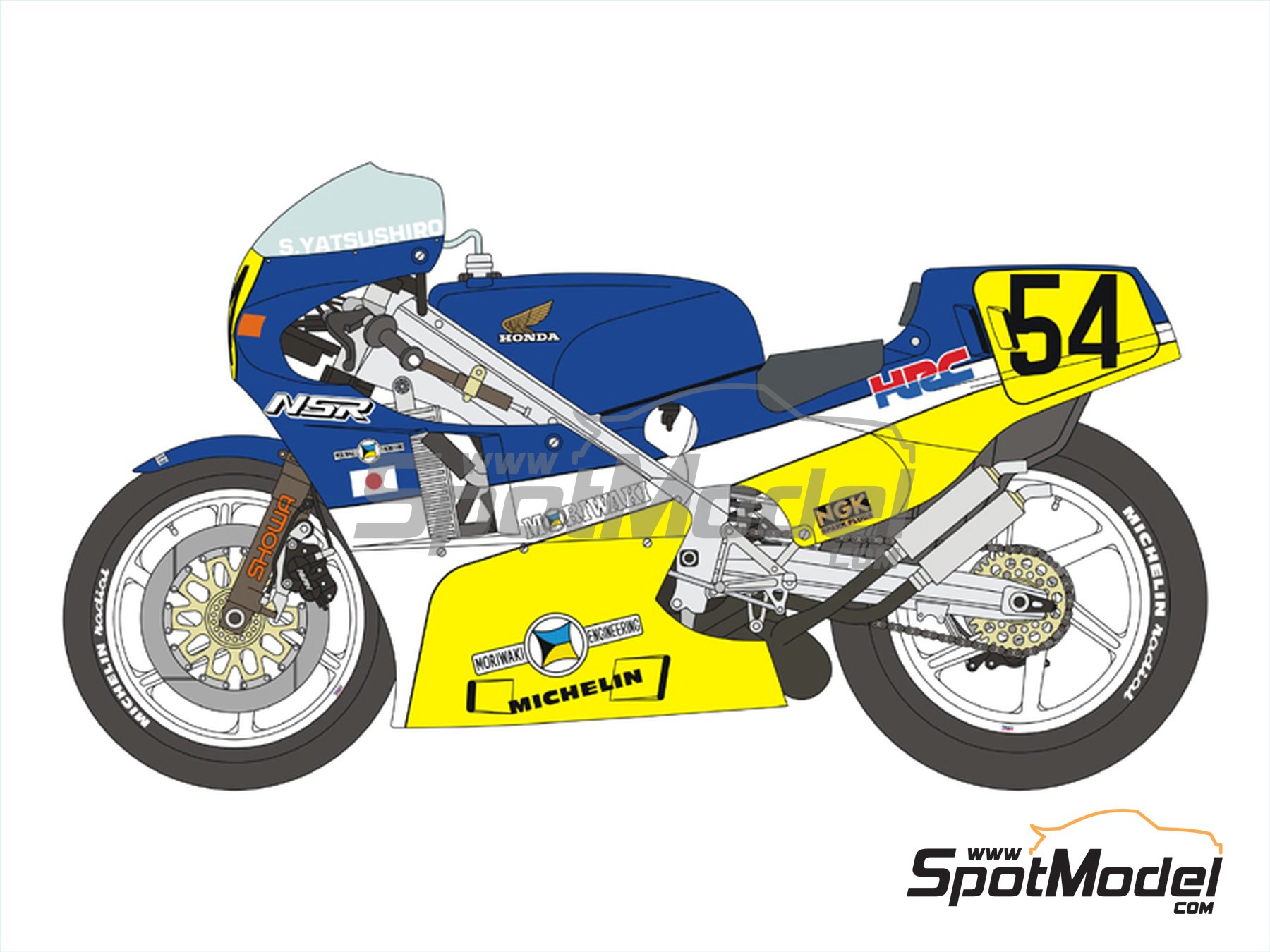 Honda NSR500 sponsored by HRC-Moriwaki - Motorcycle World Championship  1986. Marking / livery in 1/12 scale manufactured by Blue Stuff (ref.  12-012)